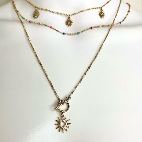 Gold Sun Pendant Layered Necklace - Picture 2 of 3